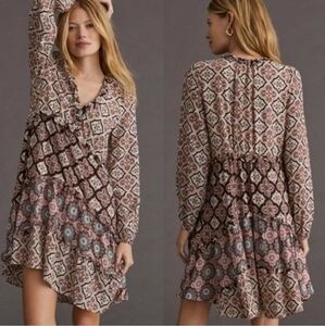 Anthropologie Boho Brown and Cream Bishop Tiered Mini Dress Size S NWOT